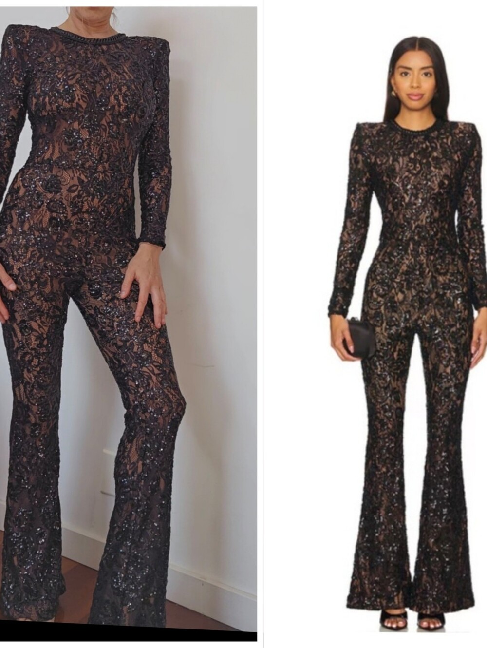 Nwot Nadine Merabi Bella Black Sequin Lace Swift W Leather trim Jumpsuit S